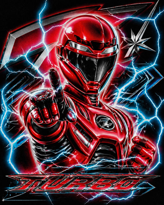 A fully covered HEYGURL character in a red suit surrounded by purple lightning on a bold graphic t-shirt