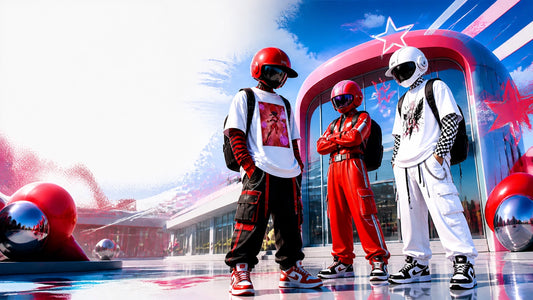 Three fully covered, futuristic students wearing bold back-to-school streetwear outside a colorful school entrance