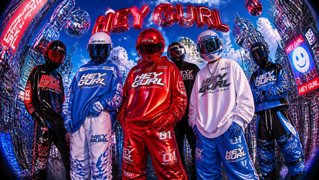 Fully covered HEYGURL figures in bold red, blue, black, and white streetwear looks