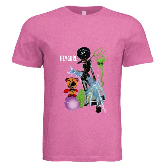 Vibrant pink HEYGURL graphic tee with a fully covered stylized character, electric blue lightning, and playful bear artwork