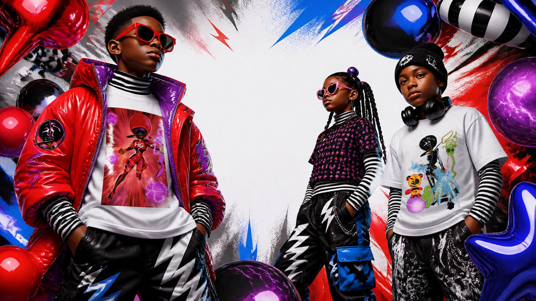 A bold kid-friendly fashion editorial showing fully covered characters wearing layered graphic prints in red, purple, black, 