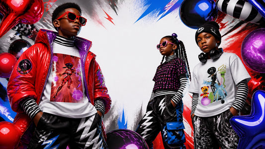 A bold kid-friendly fashion editorial showing fully covered characters wearing layered graphic prints in red, purple, black, 