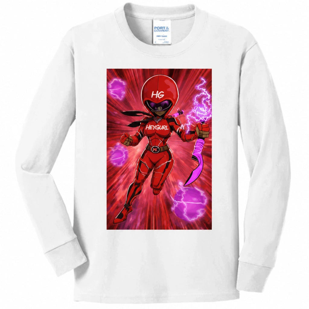 Fully covered HEYGURL character in a red suit surrounded by energetic digital effects