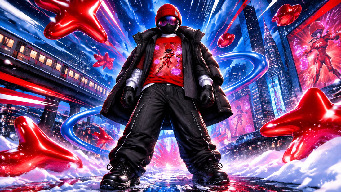 A fully covered figure layers a vivid red graphic tee under an open dark overshirt and winter coat in a surreal, Y2K-inspired