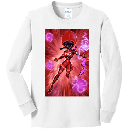Fully covered HEYGURL character in a bold red graphic on a white long-sleeve streetwear shirt