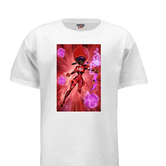 HEYGURL character in a red superhero-inspired suit featured on a statement graphic t-shirt