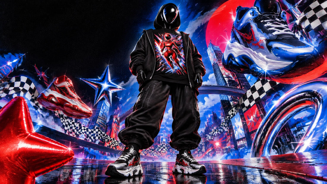 A fully covered figure in an oversized graphic tee, joggers, sneakers, and a layer in a vivid Y2K-inspired streetwear scene