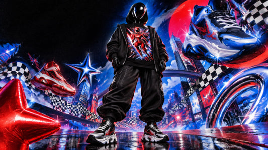 A fully covered figure in an oversized graphic tee, joggers, sneakers, and a layer in a vivid Y2K-inspired streetwear scene