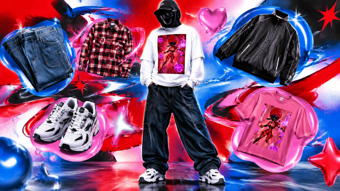 A fully covered streetwear look layered with a graphic tee, long sleeves, denim, and closet basics in a vivid Y2K-inspired co