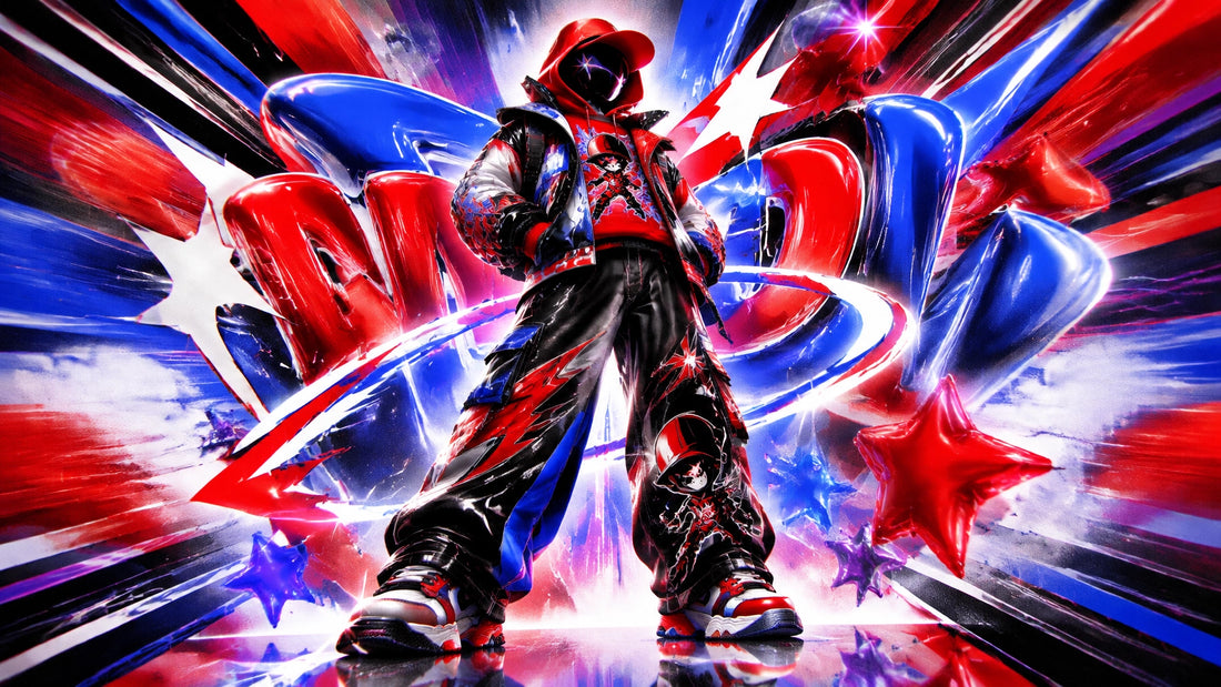 Fully covered young fashion-forward character in bold red, blue, black, and white streetwear