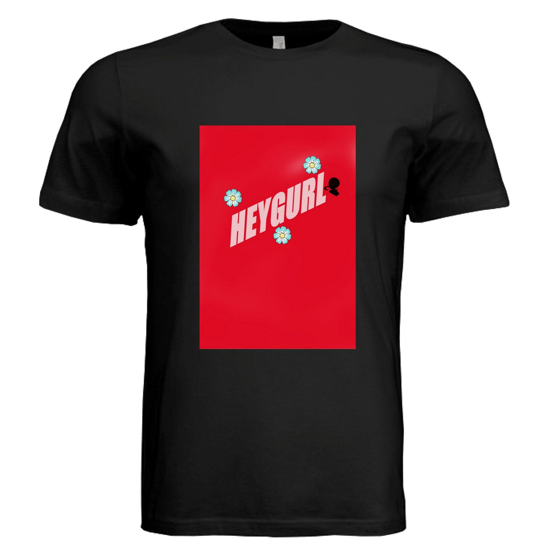 Black HEYGURL graphic t-shirt with a bold red front graphic and floral details