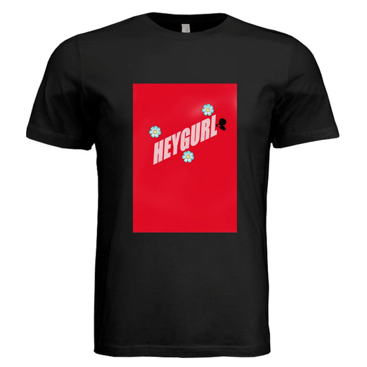 Black HEYGURL graphic t-shirt with a bold red front graphic and floral details
