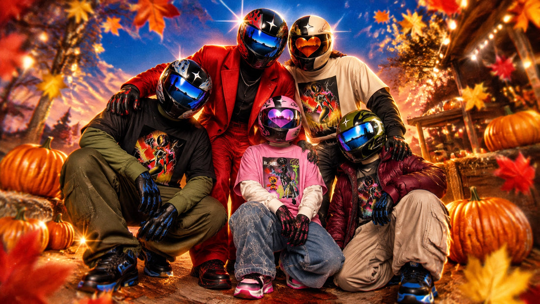 Fully covered family in coordinated, colorful HEYGURL and HOKE-inspired streetwear for a surreal Thanksgiving portrait