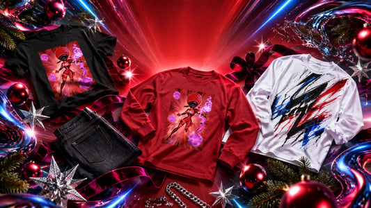 A dramatic holiday streetwear flat lay with bold red and black graphic tops, denim, silver ornaments, and festive accessories