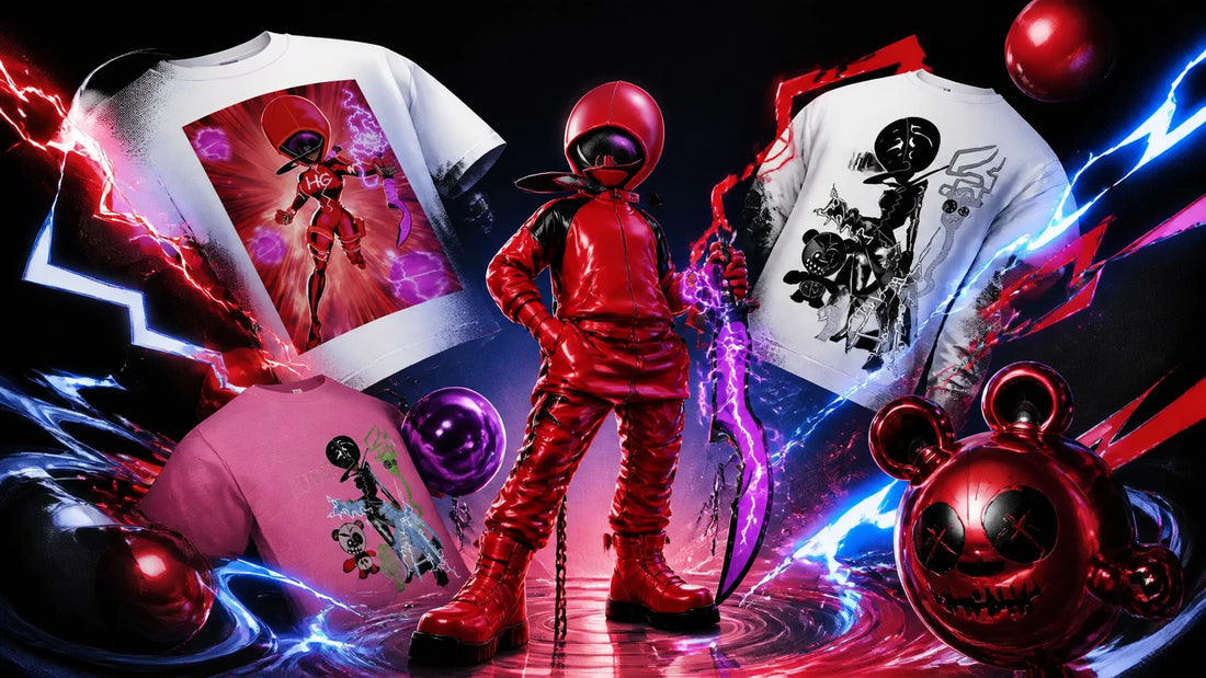 Fully covered HEYGURL-inspired fashion character in a glossy red suit surrounded by electric blue and red energy