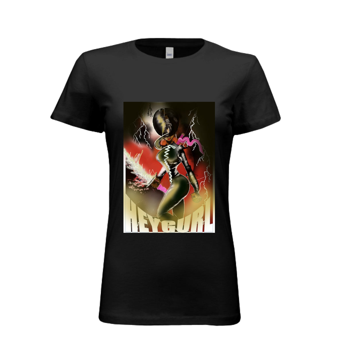 Black HEYGURL graphic t-shirt shown from the front