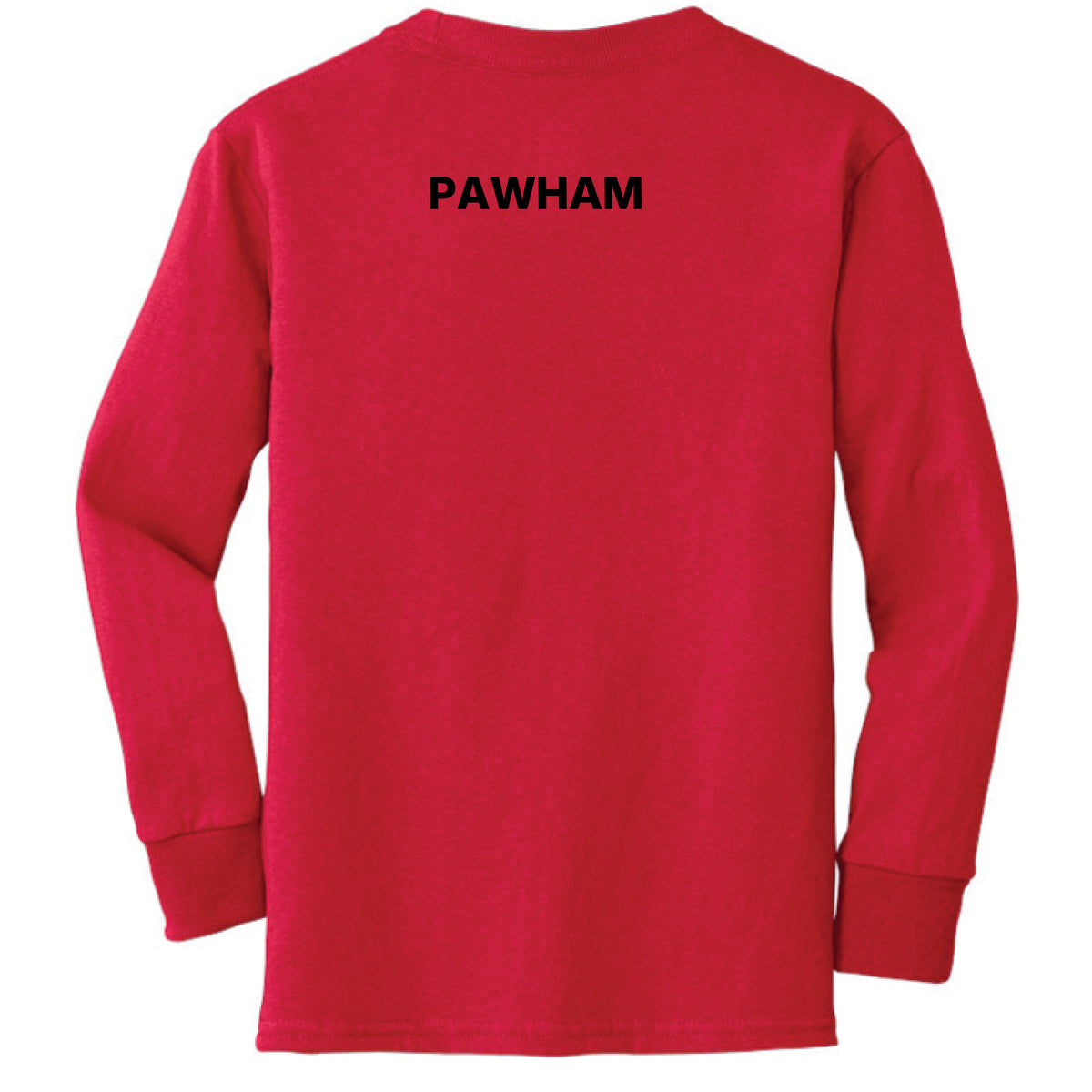 Back view of the HG RED SUIT red long-sleeve shirt featuring the PAWHAM mark