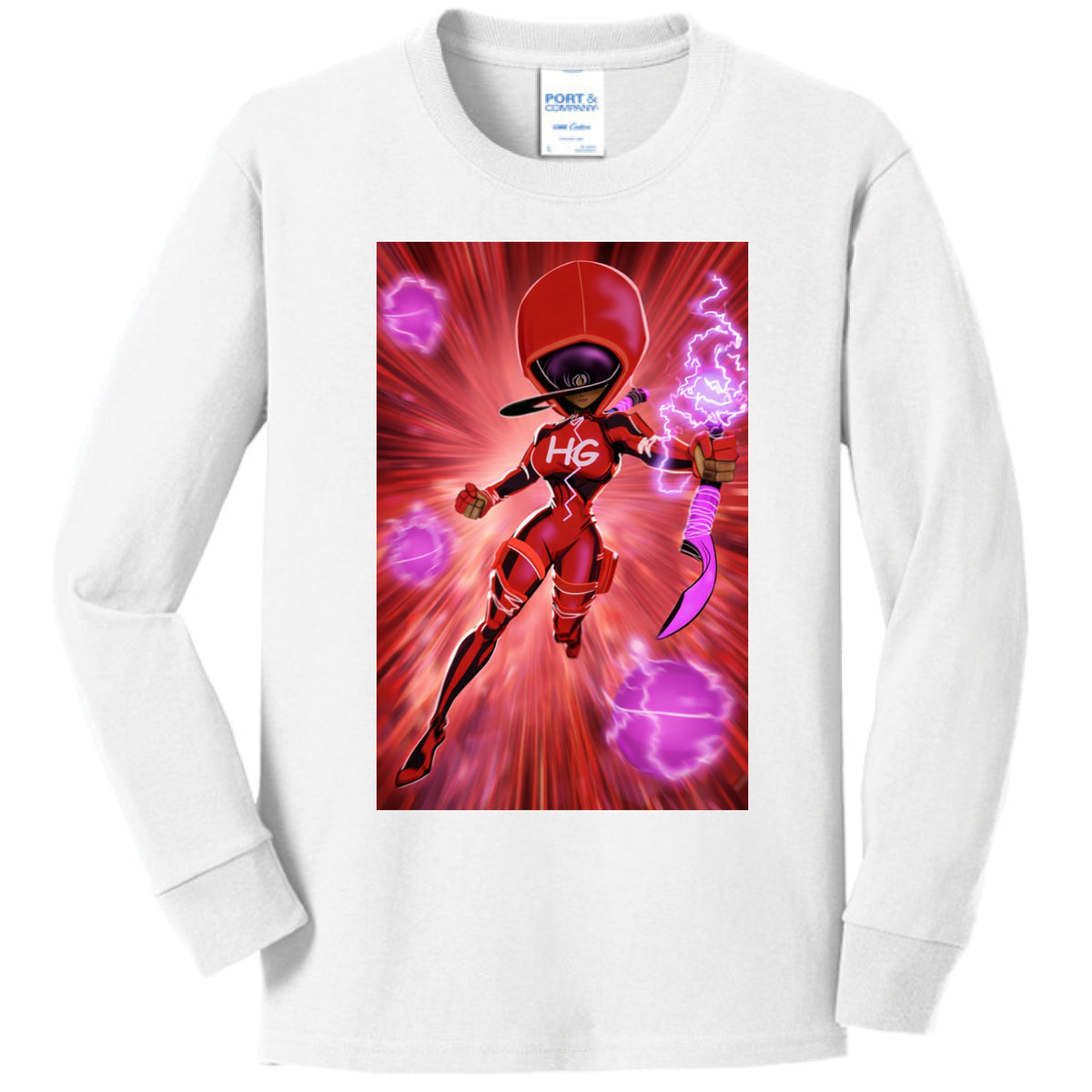 Fully covered HEYGURL character in the red suit design on a white long-sleeve shirt